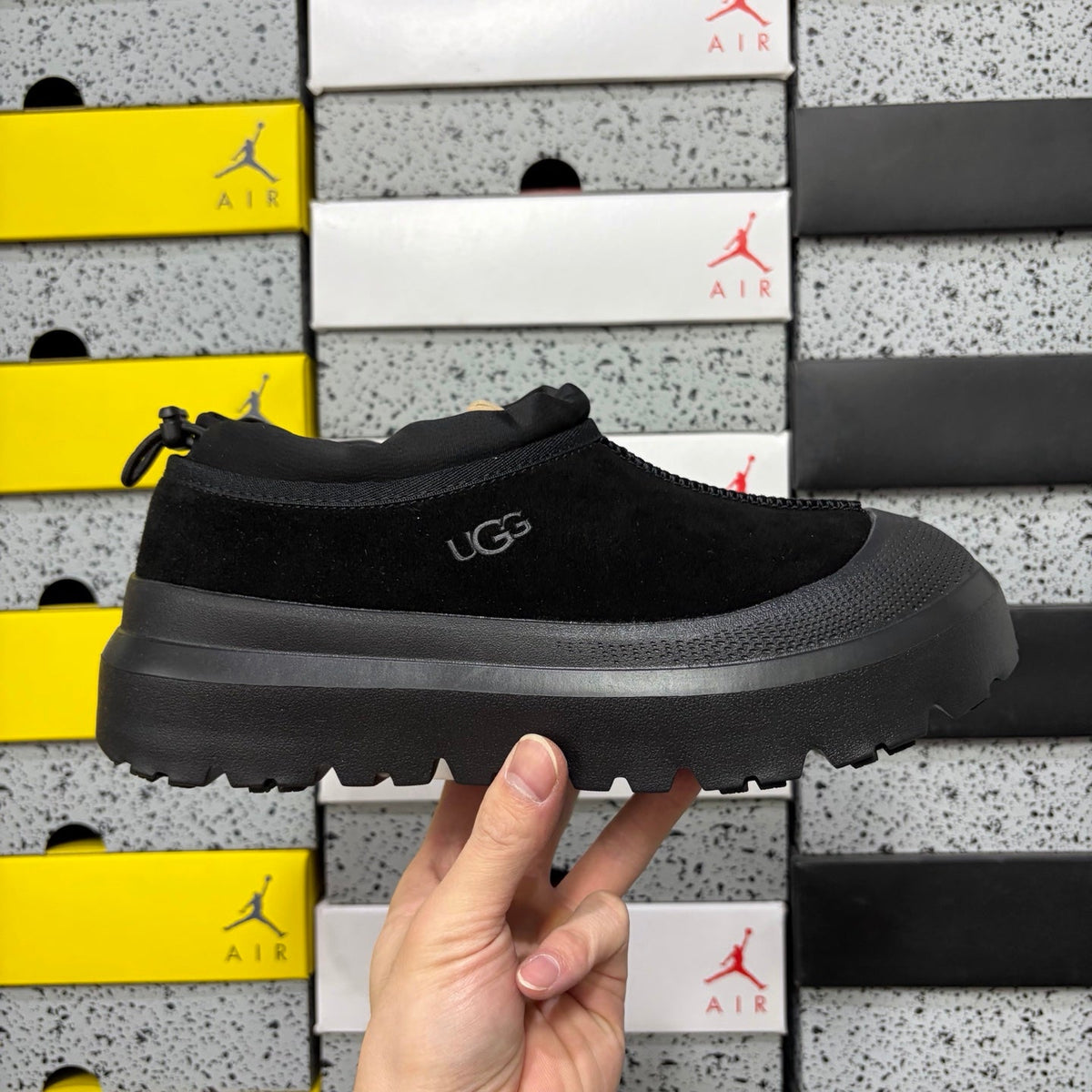 UGG Tasman Weather Hybrid Slip-On – Waterproof Suede Shoe with Shearling Lining, Cinch Drawstring & All-Terrain Lug Sole in Black